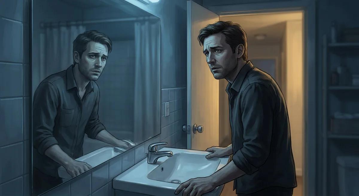 Illustration zum Selbsttest: Ein Mann steht nachts vor dem Badezimmerspiegel und sieht seinem Spiegelbild ehrlich und fragend in die Augen.