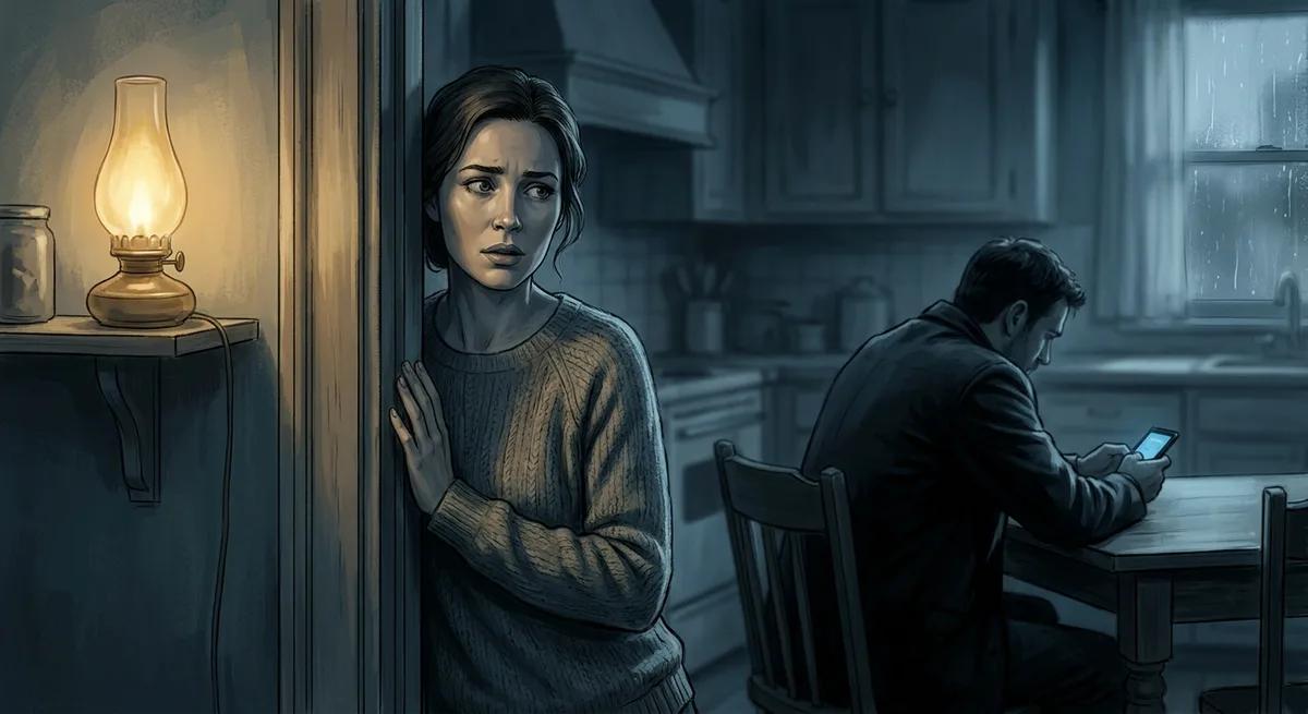 Illustration for the partner test: a woman stands thoughtfully in the kitchen doorway, looking at her partner who sits turned away at the table, absorbed in his phone.