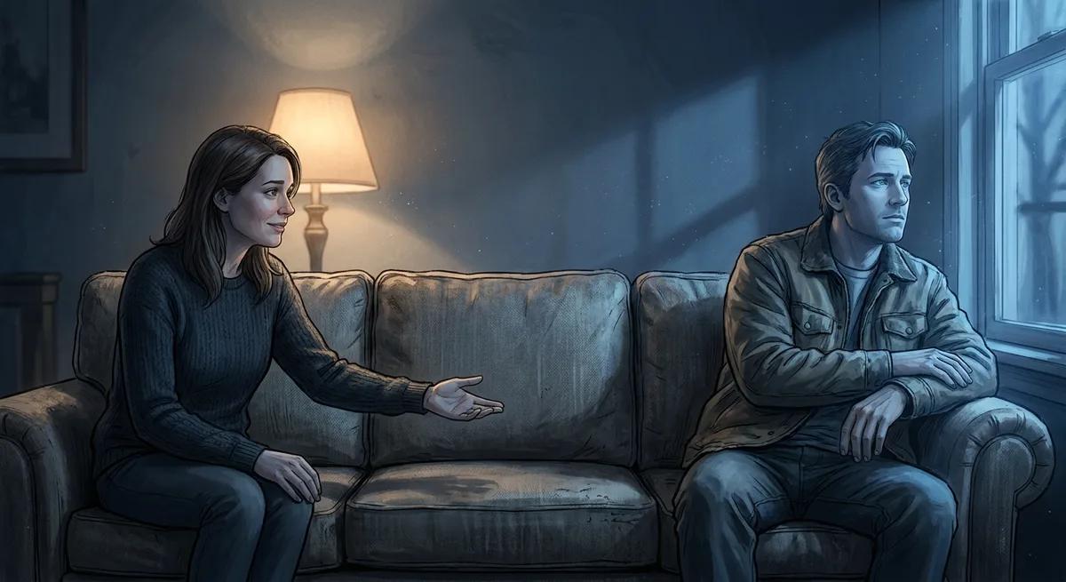 Illustration der Beziehungsdynamik: Eine Frau streckt auf dem Sofa die Hand nach ihrem Partner aus, der abgewandt am anderen Ende sitzt.