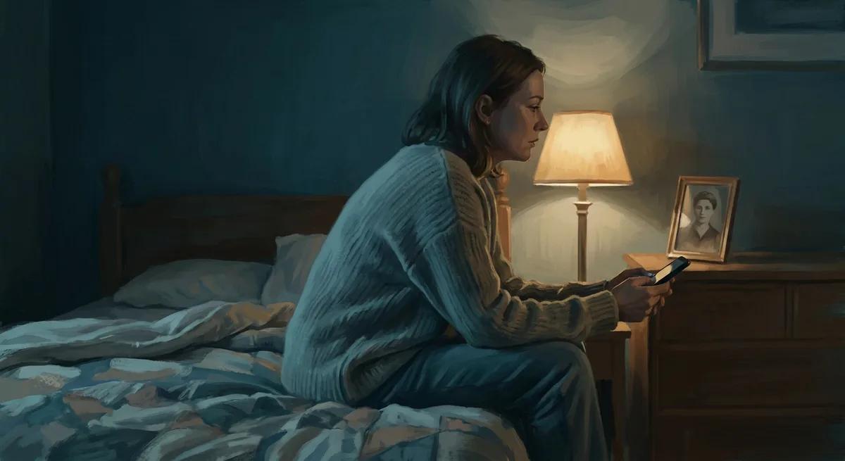 Illustration zum Mutter-Test: Eine erwachsene Frau sitzt abends mit dem Telefon in der Hand auf der Bettkante und blickt zu einem gerahmten Foto einer älteren Frau auf der Kommode.