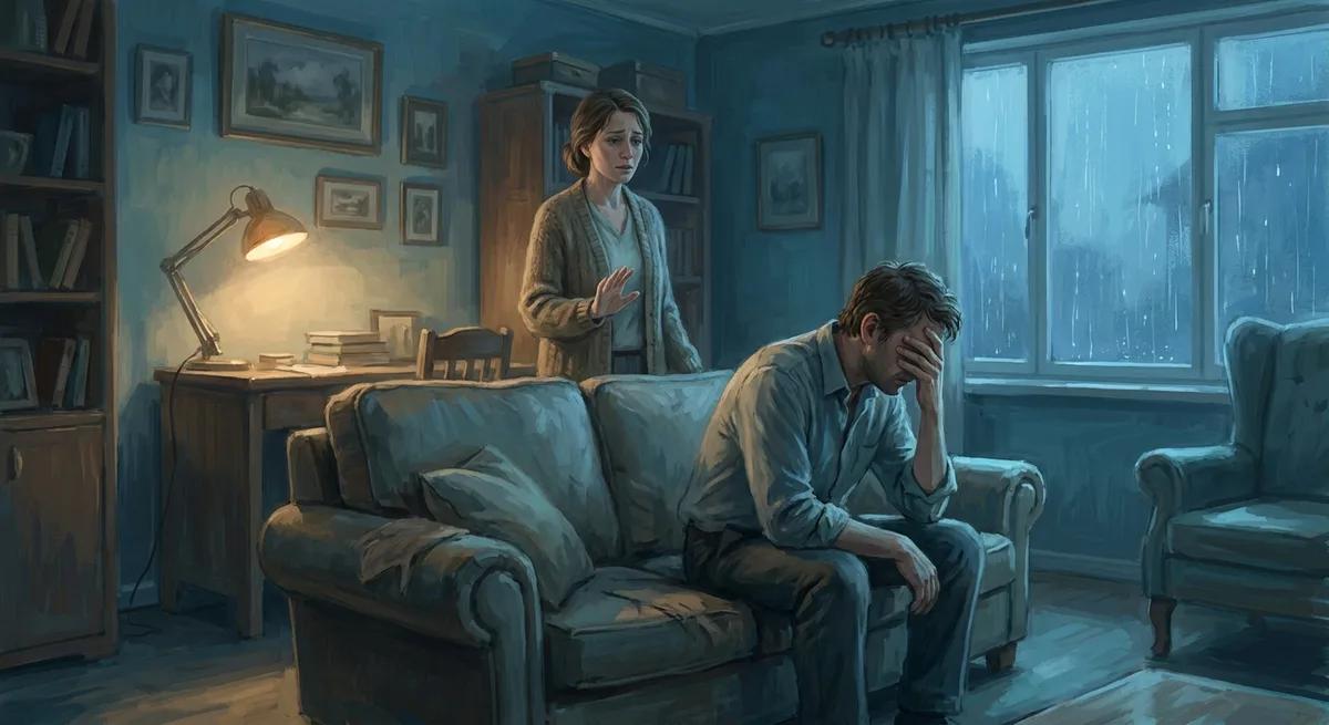 Illustration for the covert test: a man sits turned away on the sofa, a hand over his face in quiet demonstrative suffering, while his partner stands behind the sofa looking uncertain.