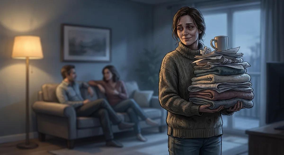 Illustration zum Helfersyndrom: Eine Frau trägt einen hohen Stapel Wäsche und Papiere durchs Wohnzimmer, während zwei andere entspannt auf dem Sofa sitzen und sie nicht bemerken.